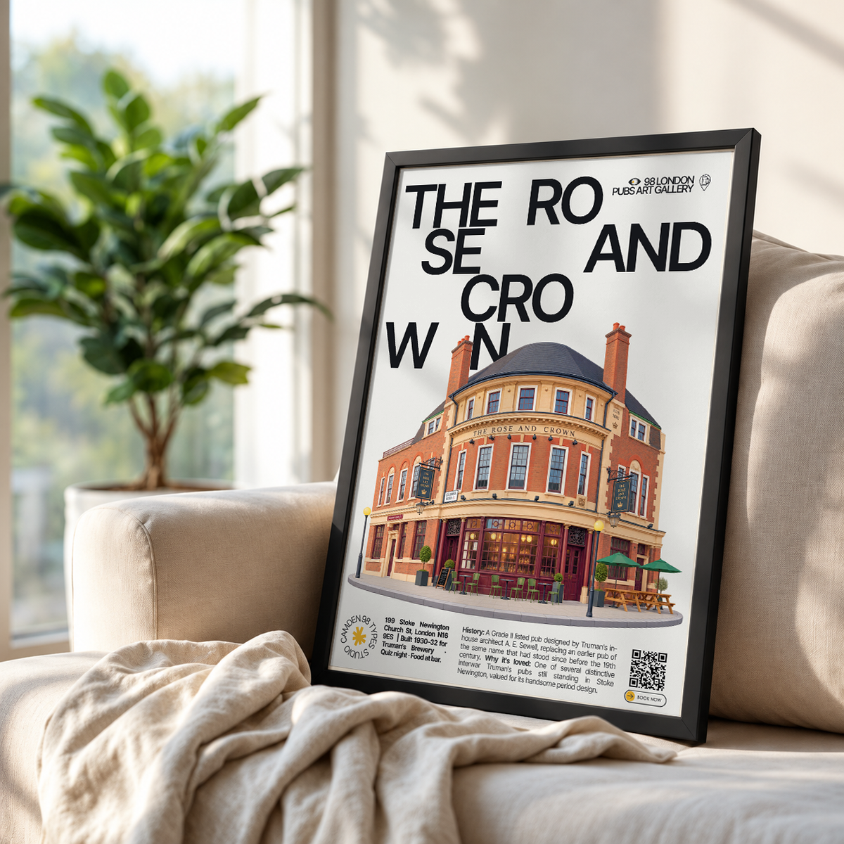 The Rose and Crown poster print — Stoke Newington, London | 1930s brick pub facade with period
signage