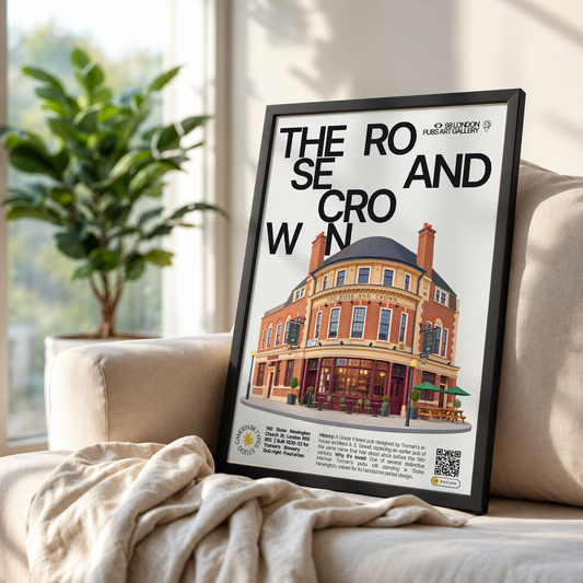 The Rose and Crown poster print — Stoke Newington, London | 1930s brick pub facade with period
signage