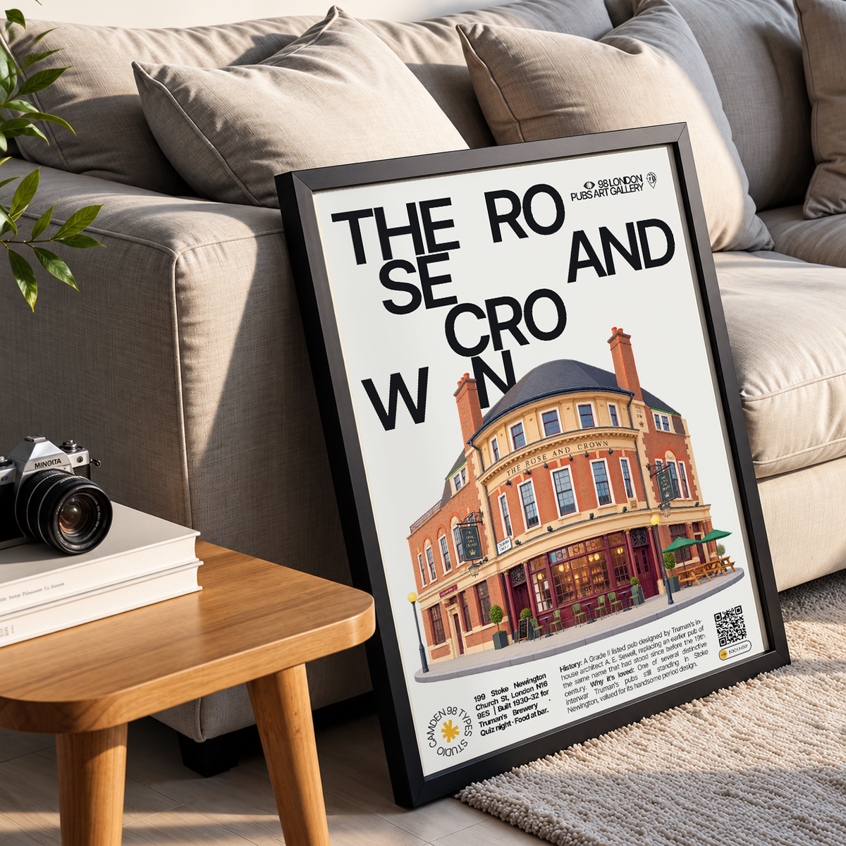 The Rose and Crown poster print — Stoke Newington, London | 1930s brick pub facade with period
signage