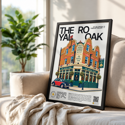 The Royal Oak poster, Columbia Road, London: tiled pub facade with flower stalls outside - 98 London Pubs Art Gallery by 98 Types