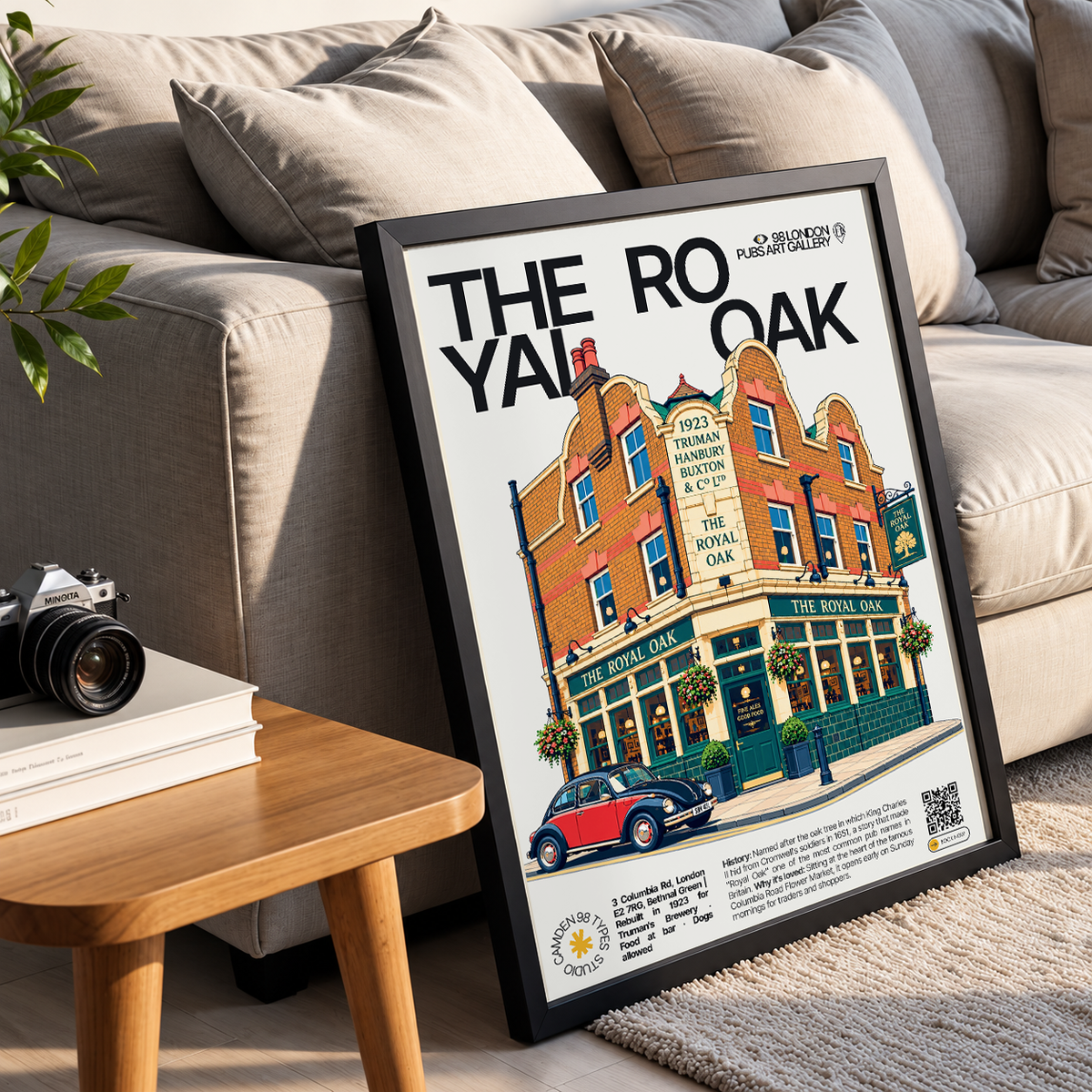 The Royal Oak poster, Columbia Road, London: tiled pub facade with flower stalls outside - 98 London Pubs Art Gallery by 98 Types