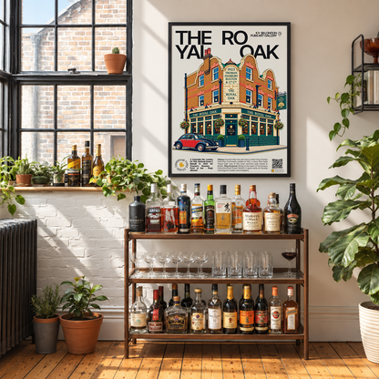 The Royal Oak poster, Columbia Road, London: tiled pub facade with flower stalls outside - 98 London Pubs Art Gallery by 98 Types
