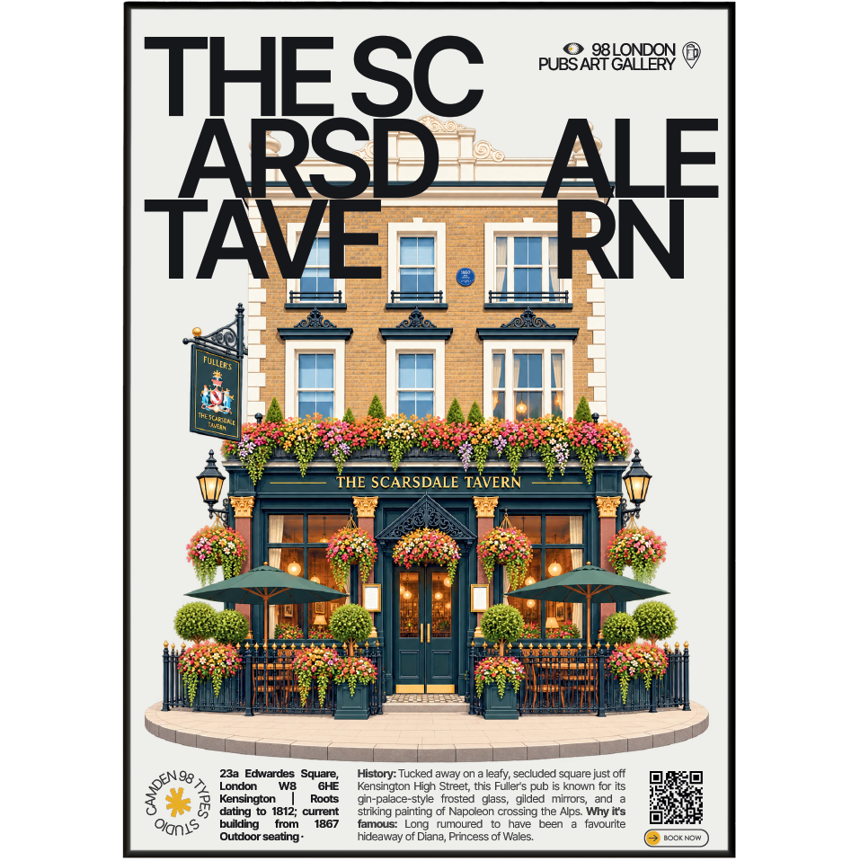 The Scarsdale Tavern poster, Kensington, London: pub facade with hanging flower baskets on a quiet square - 98 London Pubs Art Gallery by 98 Types