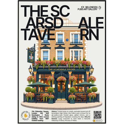 The Scarsdale Tavern poster, Kensington, London: pub facade with hanging flower baskets on a quiet square - 98 London Pubs Art Gallery by 98 Types