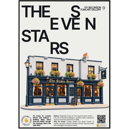 Seven Stars poster, Holborn, London: narrow historic pub facade near the Royal Courts of Justice - 98 London Pubs Art Gallery by 98 Types