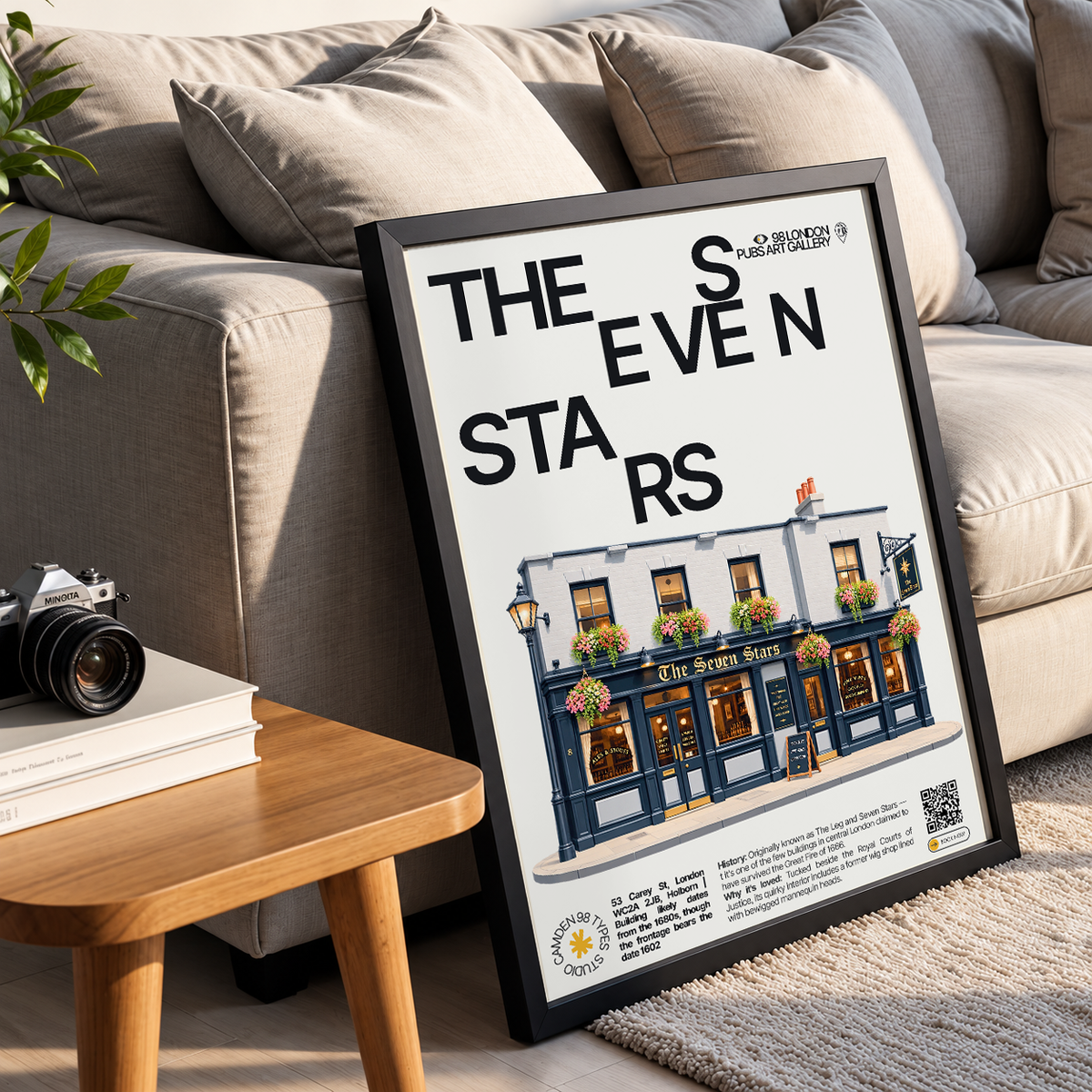 Seven Stars poster, Holborn, London: narrow historic pub facade near the Royal Courts of Justice - 98 London Pubs Art Gallery by 98 Types