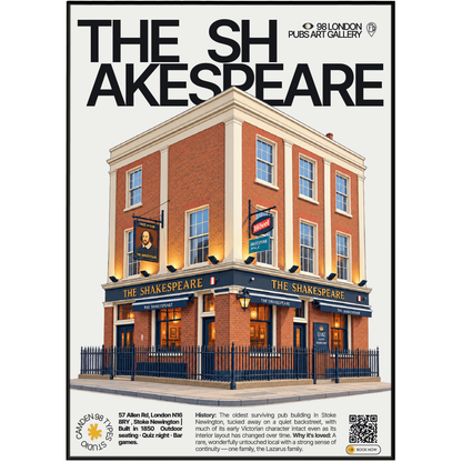 The Shakespeare poster print Stoke Newington, London | early Victorian brick pub facade on a quiet street
