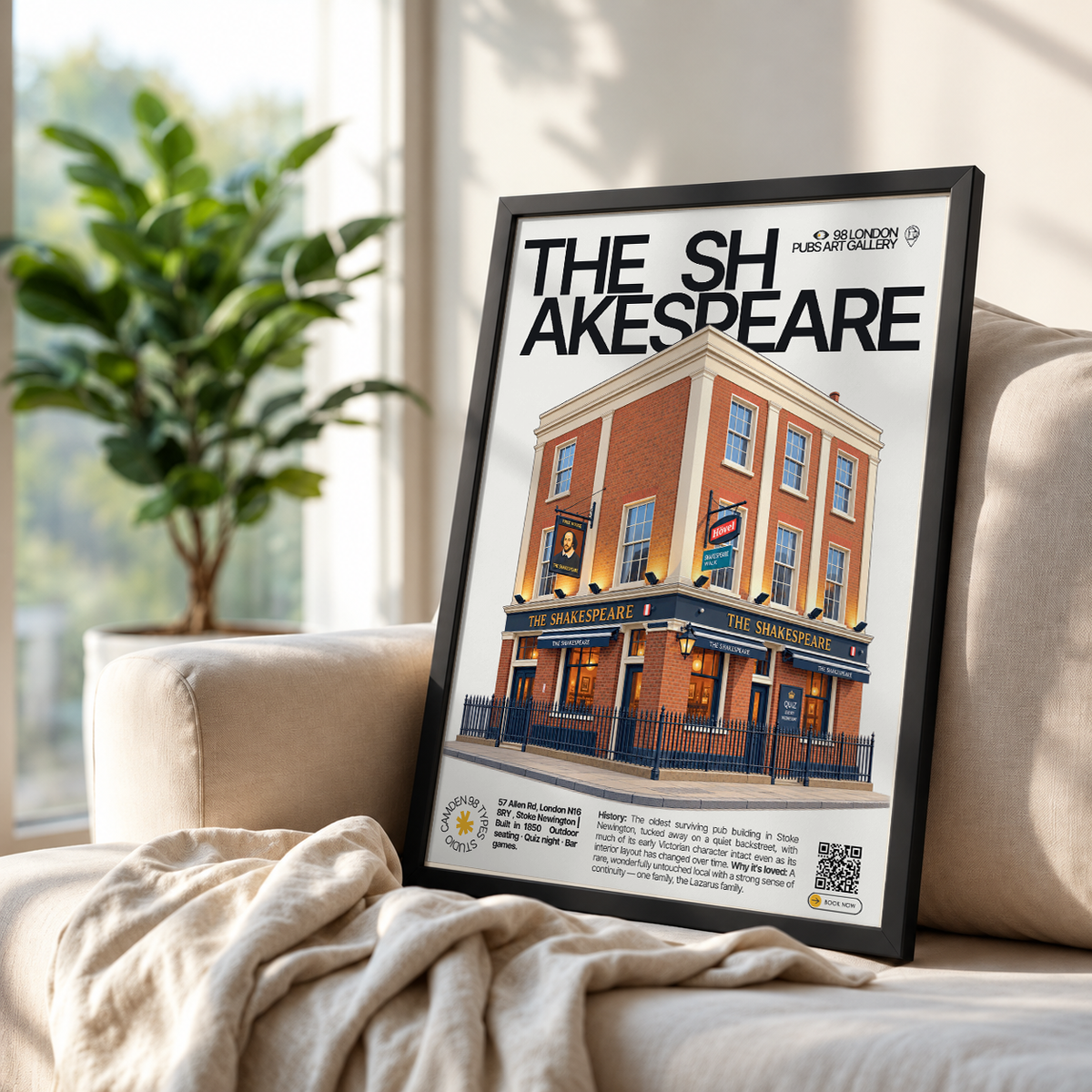 The Shakespeare poster print Stoke Newington, London | early Victorian brick pub facade on a quiet street