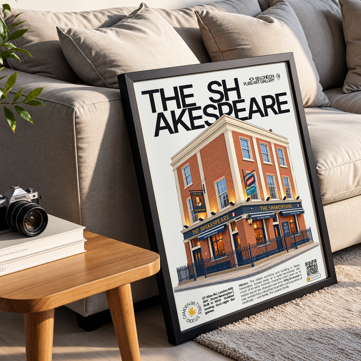 The Shakespeare poster print Stoke Newington, London | early Victorian brick pub facade on a quiet street