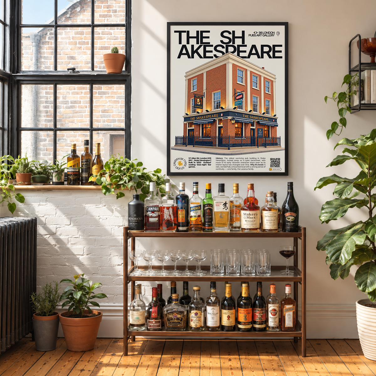 The Shakespeare poster print Stoke Newington, London | early Victorian brick pub facade on a quiet street