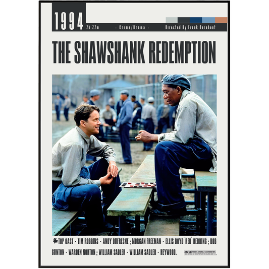 Movie poster for 'The Shawshank Redemption' (1994), featuring a central photo of two men sitting at a bench in a prison yard, with title text and cast names on a white background.