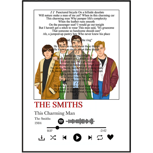 A square album cover for The Smiths' 'This Charming Man' displayed on a music player interface. The cover features a white background with a central illustrated panel of the band members, black text of the song lyrics, and red title text.