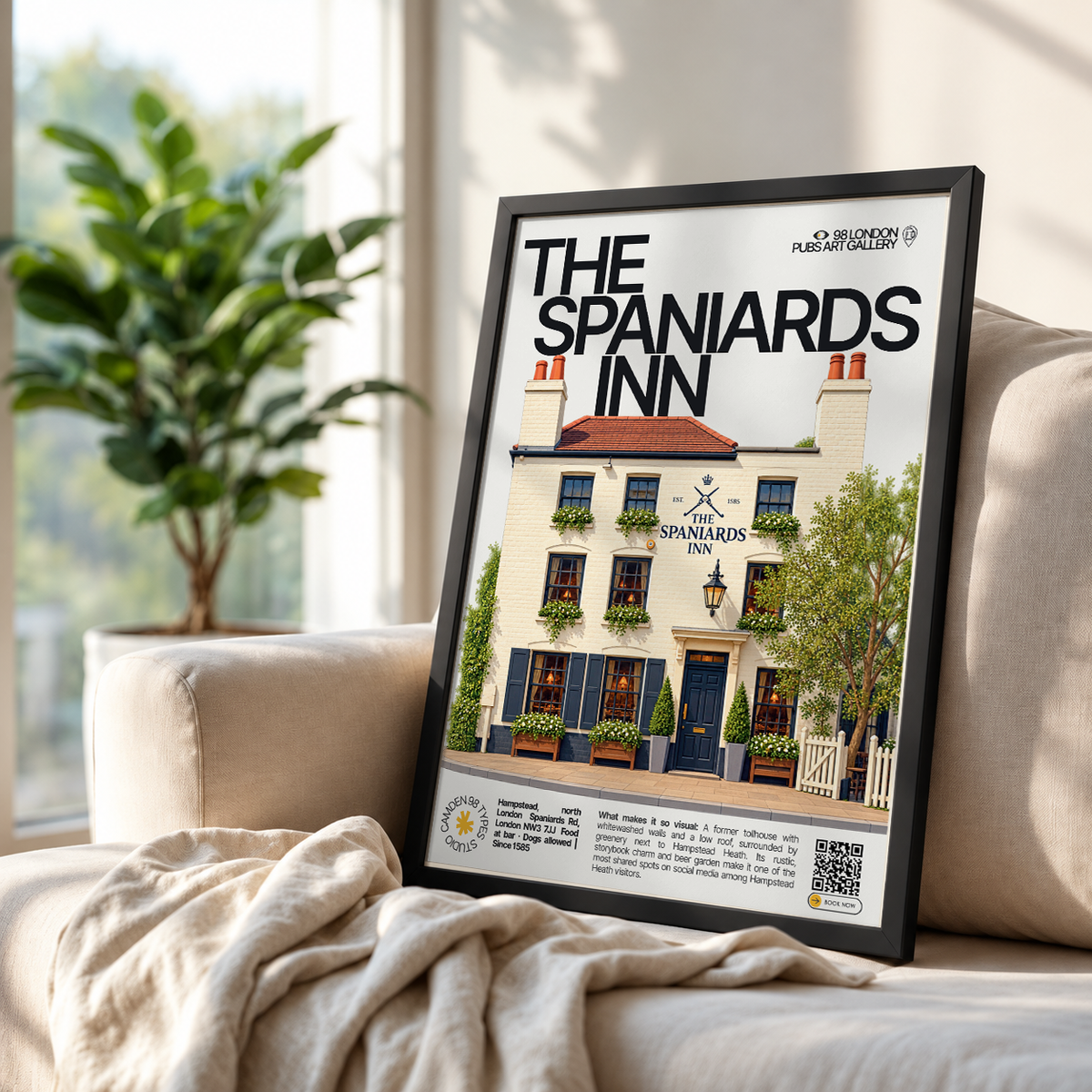 The Spaniards Inn poster print — Hampstead, London | whitewashed cottage-style facade with
hanging vines