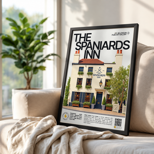 The Spaniards Inn poster print — Hampstead, London | whitewashed cottage-style facade with
hanging vines