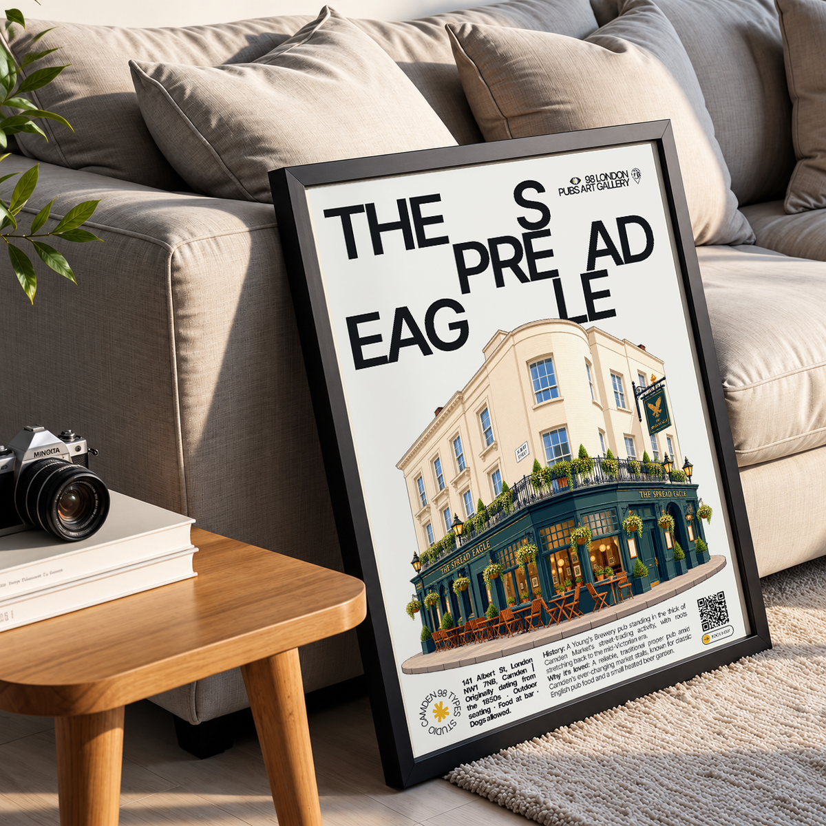 The Spread Eagle poster, Camden, London: traditional market-street pub facade in Camden - 98 London Pubs Art Gallery by 98 Types