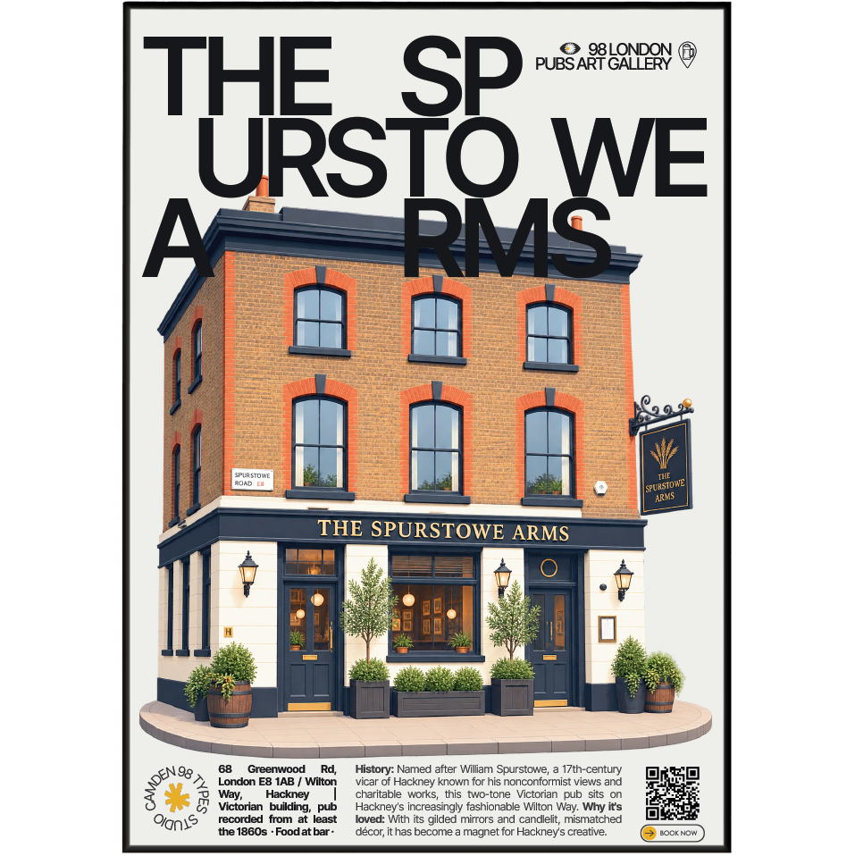 The Spurstowe Arms poster, Hackney, London: black and white Victorian pub facade - 98 London Pubs Art Gallery by 98 Types