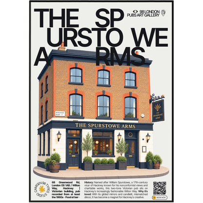 The Spurstowe Arms poster, Hackney, London: black and white Victorian pub facade - 98 London Pubs Art Gallery by 98 Types