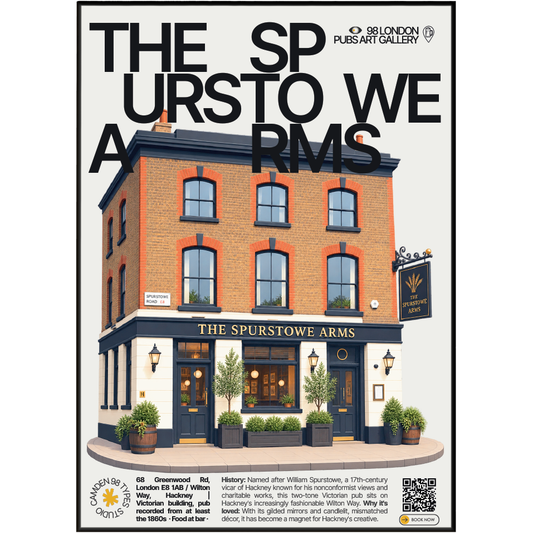 The Spurstowe Arms poster, Hackney, London: black and white Victorian pub facade - 98 London Pubs Art Gallery by 98 Types