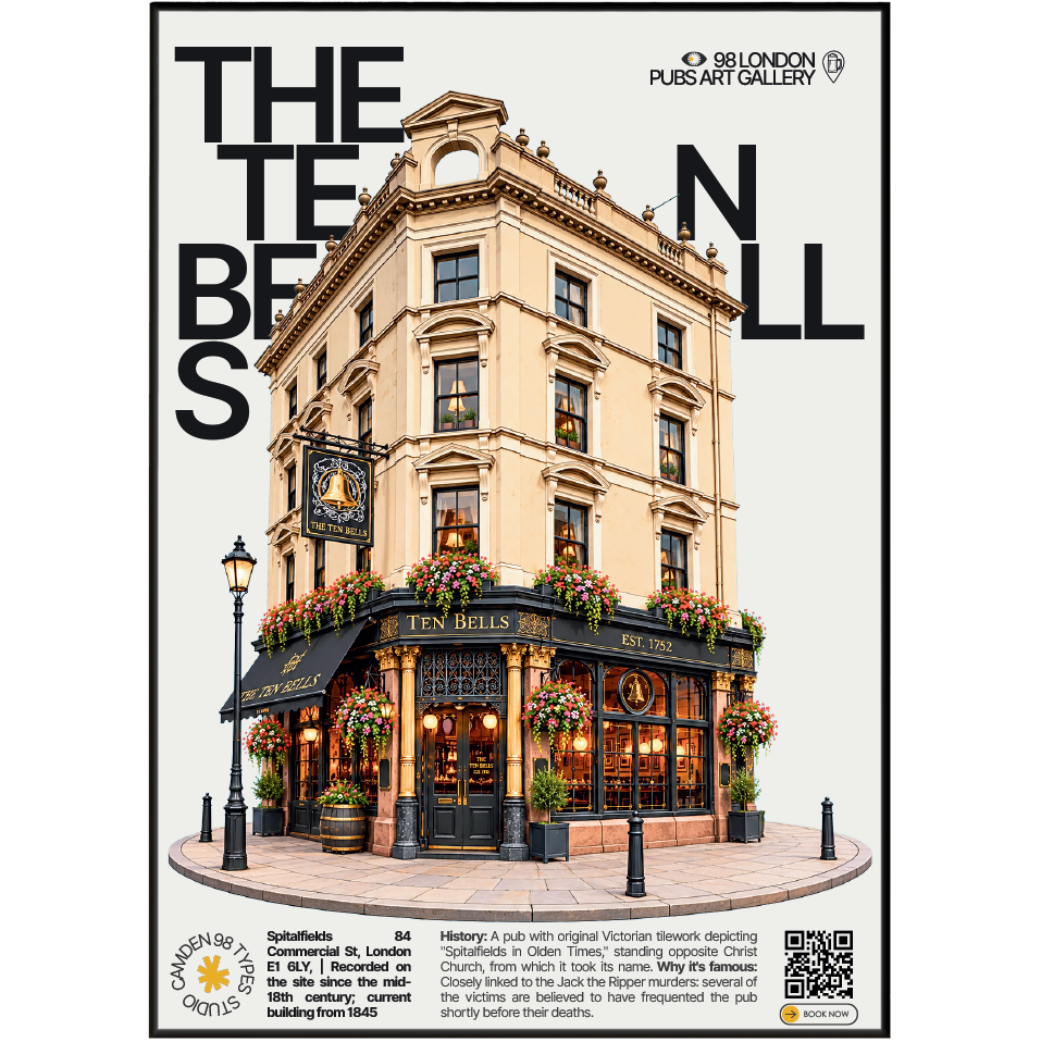 The Ten Bells poster, Spitalfields, London: Victorian tiled facade opposite Christ Church Spitalfields - 98 London Pubs Art Gallery by 98 Types