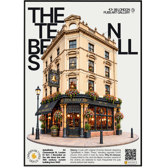The Ten Bells poster, Spitalfields, London: Victorian tiled facade opposite Christ Church Spitalfields - 98 London Pubs Art Gallery by 98 Types