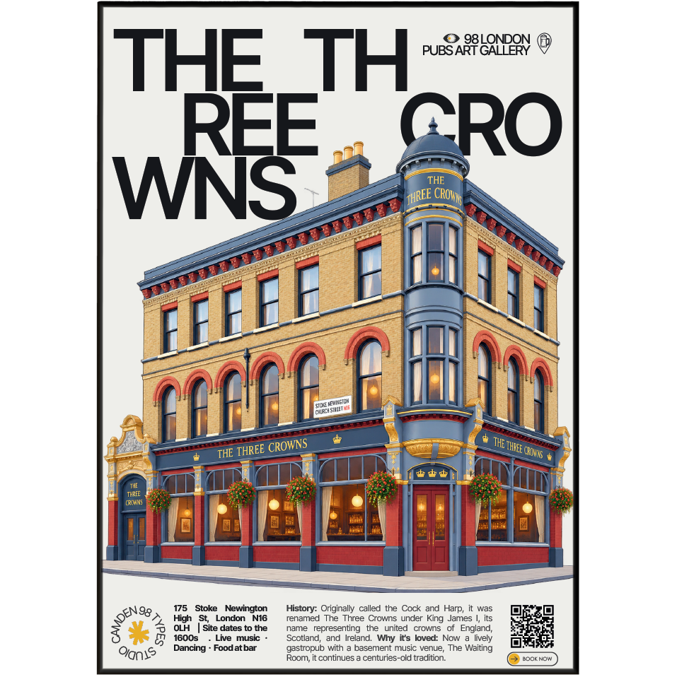 The Three Crowns poster print — Stoke Newington, London | pub facade with three crowns signage