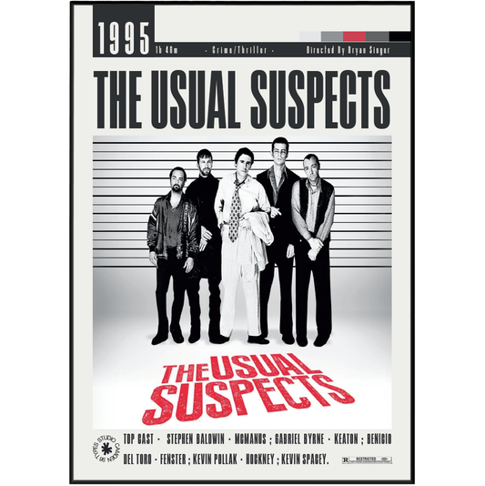Theatrical movie poster for the 1995 film 'The Usual Suspects' featuring five cast members standing in front of a police lineup background, with the title in large black text and red at the bottom.