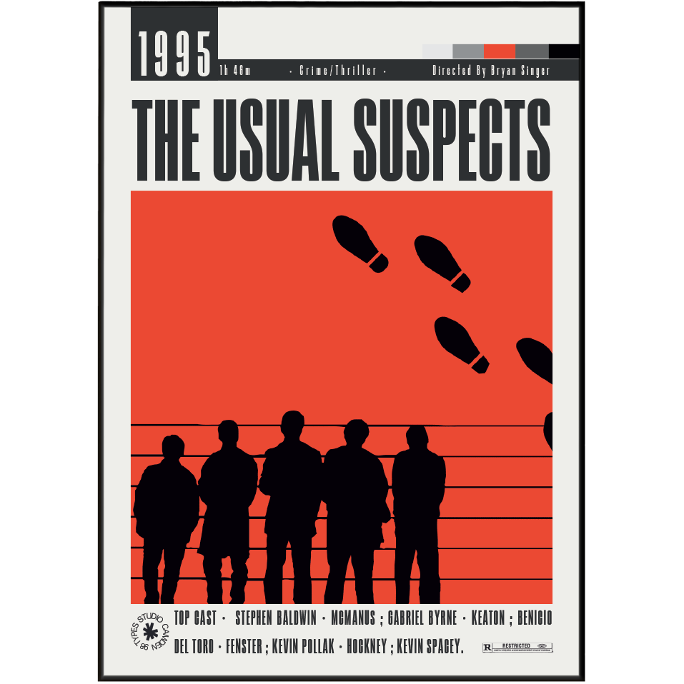 The Usual Suspects 1995 movie poster print featuring a bold red background, black silhouettes of five men, and black footprints, with the title in large black letters at the top.