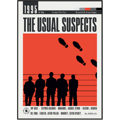 The Usual Suspects 1995 movie poster print featuring a bold red background, black silhouettes of five men, and black footprints, with the title in large black letters at the top.