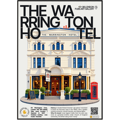 The Warrington Hotel poster, Maida Vale, London: Art Nouveau facade with golden ceramic entrance - 98 London Pubs Art Gallery by 98 Types