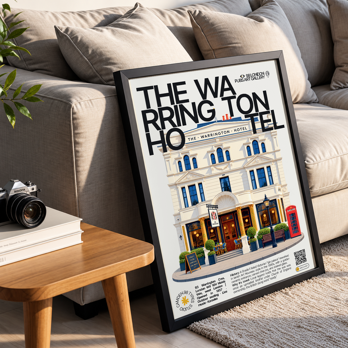 The Warrington Hotel poster, Maida Vale, London: Art Nouveau facade with golden ceramic entrance - 98 London Pubs Art Gallery by 98 Types