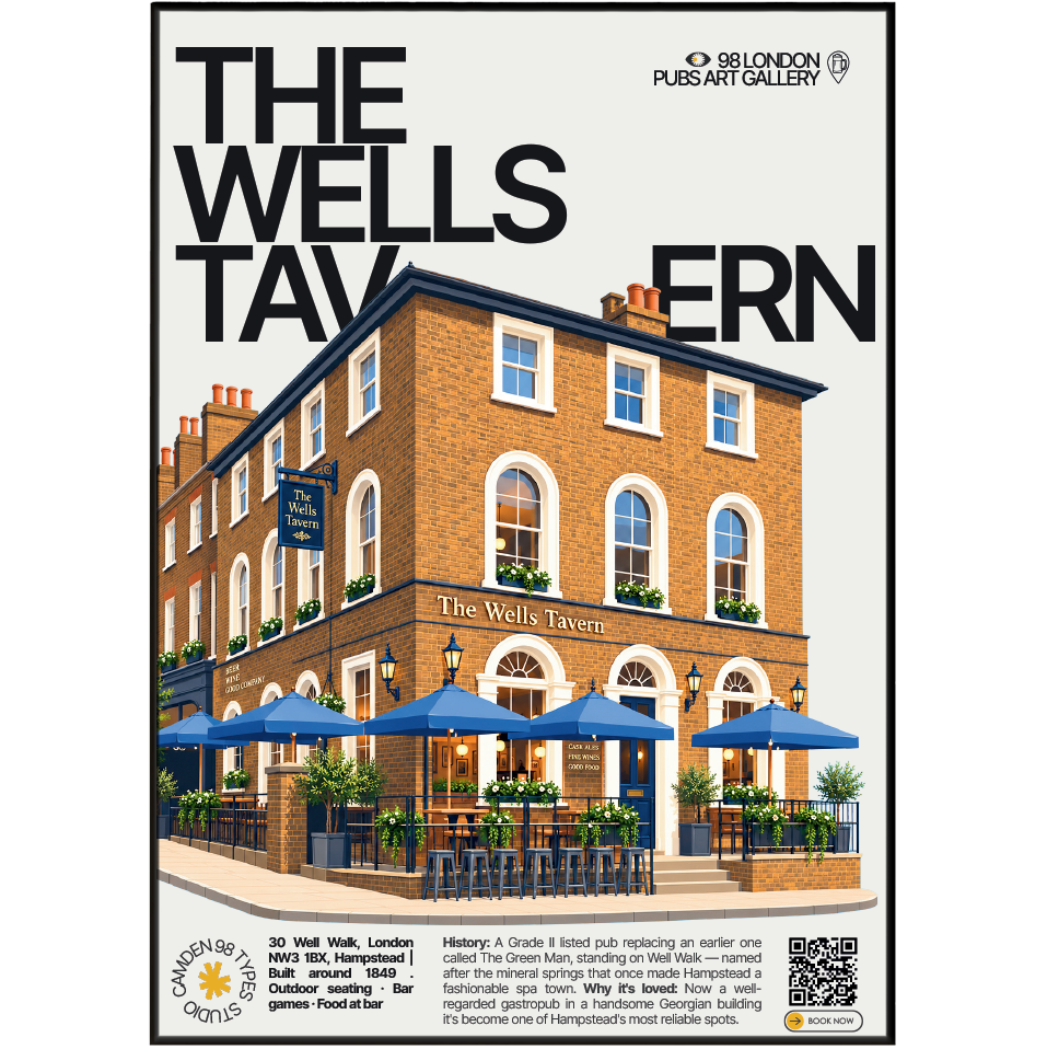 The Wells Tavern poster print — Hampstead, London | Georgian grey-brick facade with sash windows
