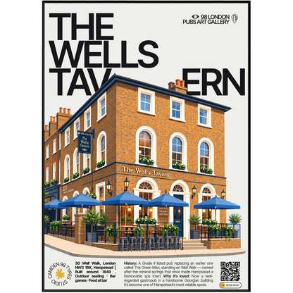 The Wells Tavern poster print — Hampstead, London | Georgian grey-brick facade with sash windows