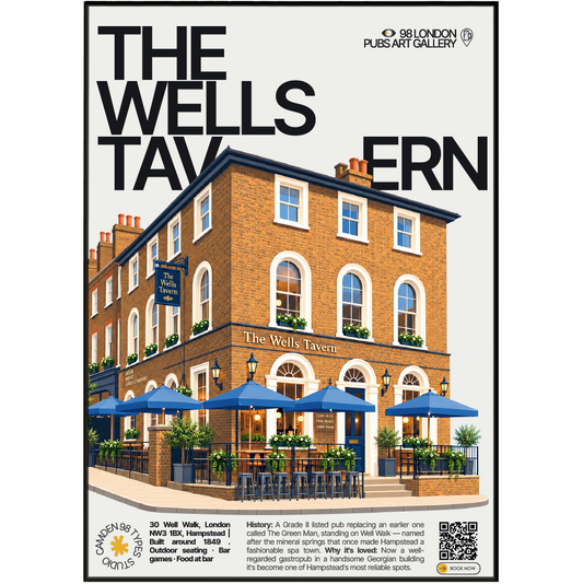 The Wells Tavern poster print — Hampstead, London | Georgian grey-brick facade with sash windows
