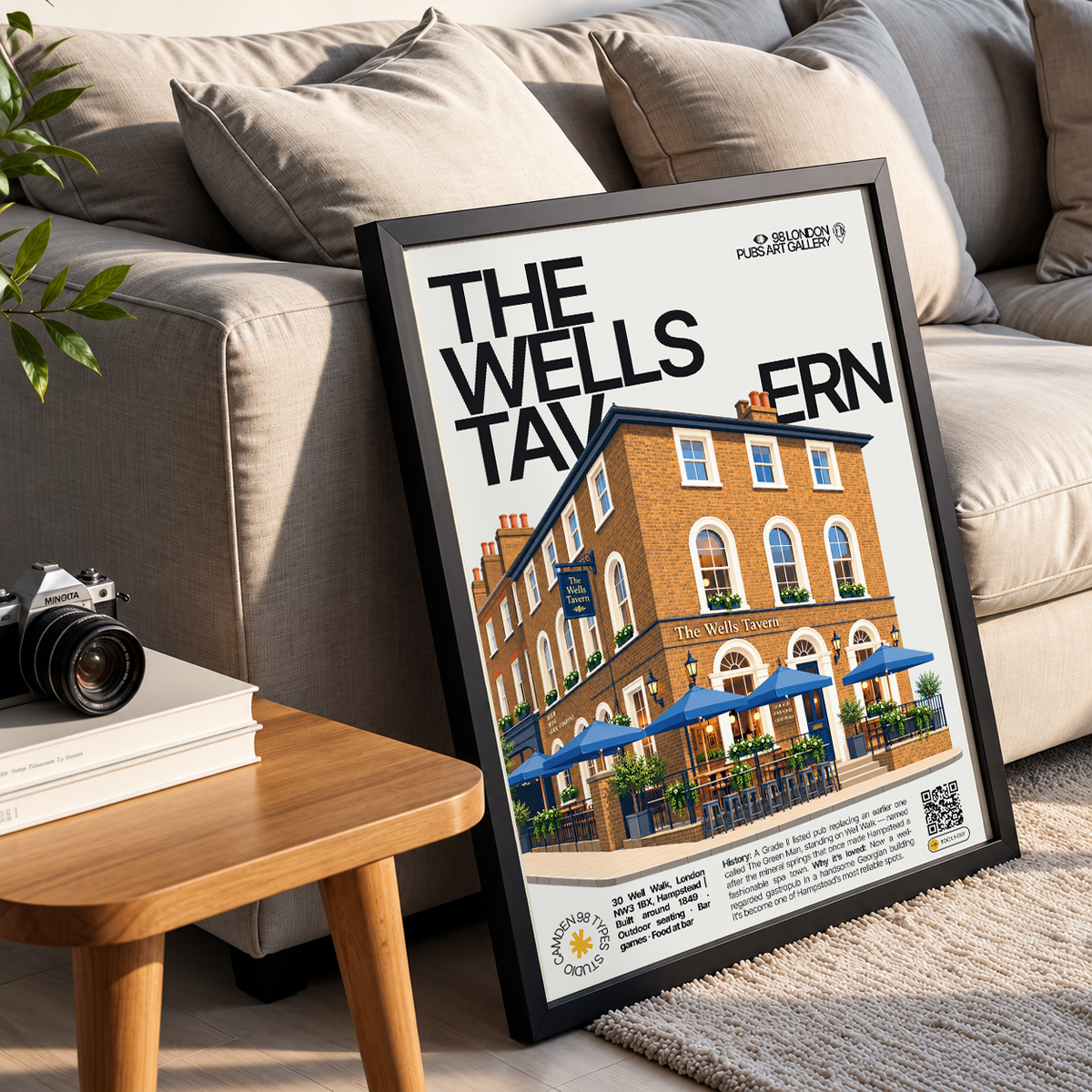 The Wells Tavern poster print — Hampstead, London | Georgian grey-brick facade with sash windows