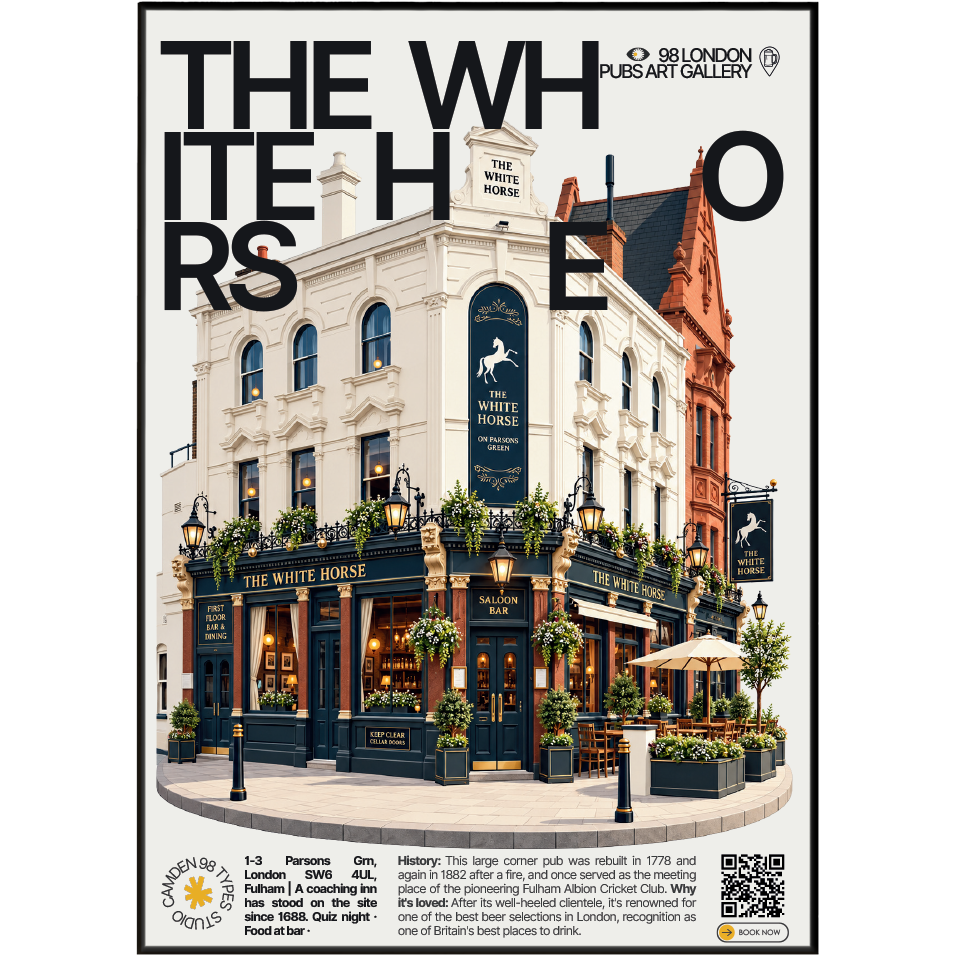 The White Horse poster, Fulham, London: large corner pub facade overlooking a green - 98 London Pubs Art Gallery by 98 Types