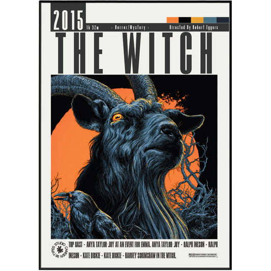 A poster-style cover for 'The Witch 2015' featuring a detailed illustration of a black goat with large horns and a glowing orange eye, set against a black and orange background. The title 'THE WITCH' appears in large black letters at the top, with release text and cast names along the bottom.
