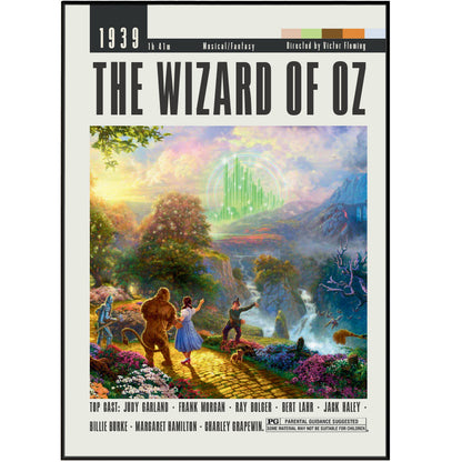 A framed poster print of the 1939 musical fantasy film 'The Wizard of Oz', featuring a colorful illustrated scene with Dorothy, the Cowardly Lion, and the Green Wizard on a golden path. The poster includes release details at the top and cast names at the bottom.