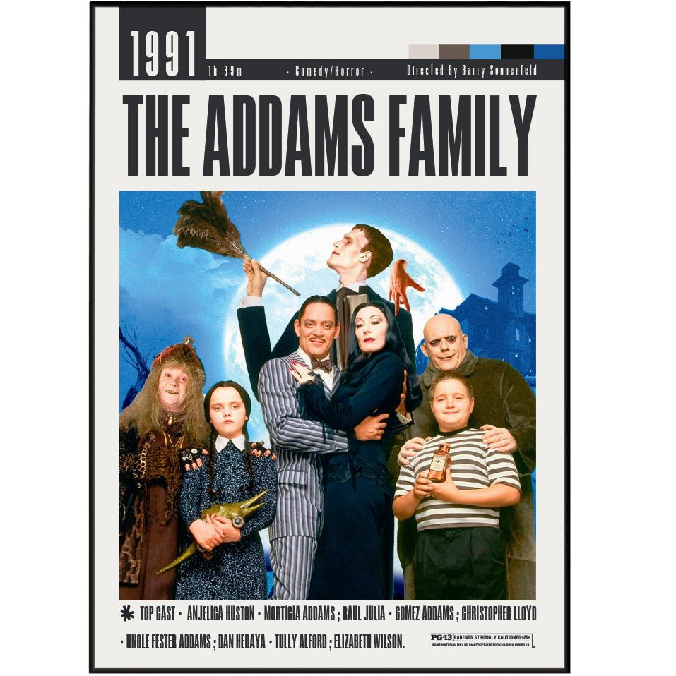 The Addams Family 1991 horror comedy film poster — Gomez Morticia Raul Julia Anjelica Huston Wednesday wall art print UK
