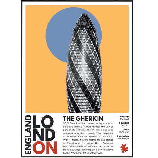 The Gherkin illustration poster — Foster Partners 30 St Mary Axe City London glass tower wall art print UK

