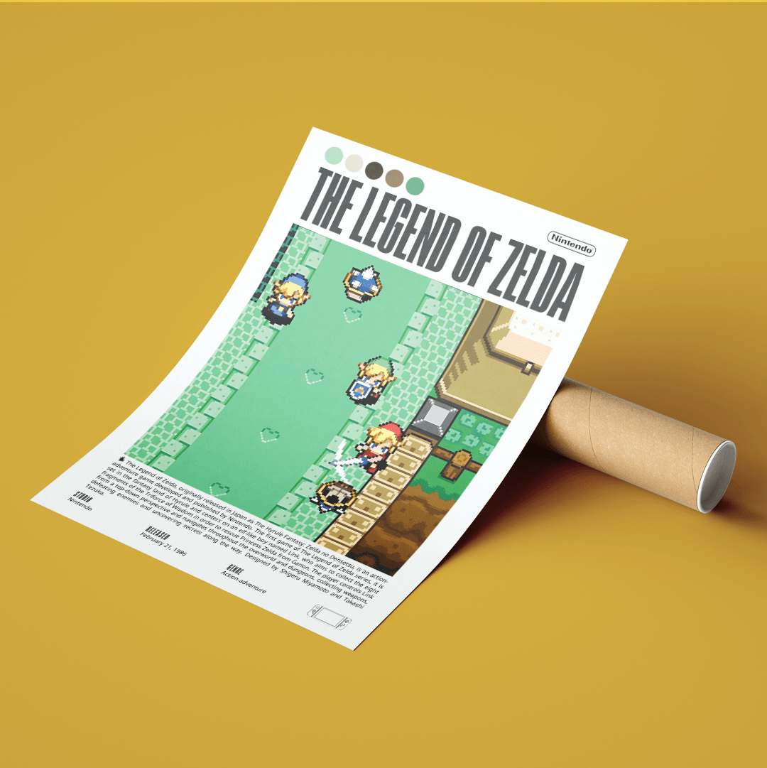 The Legend of Zelda 1986 retro game poster — Nintendo Link Hyrule Triforce adventure wall art print UK - 98types