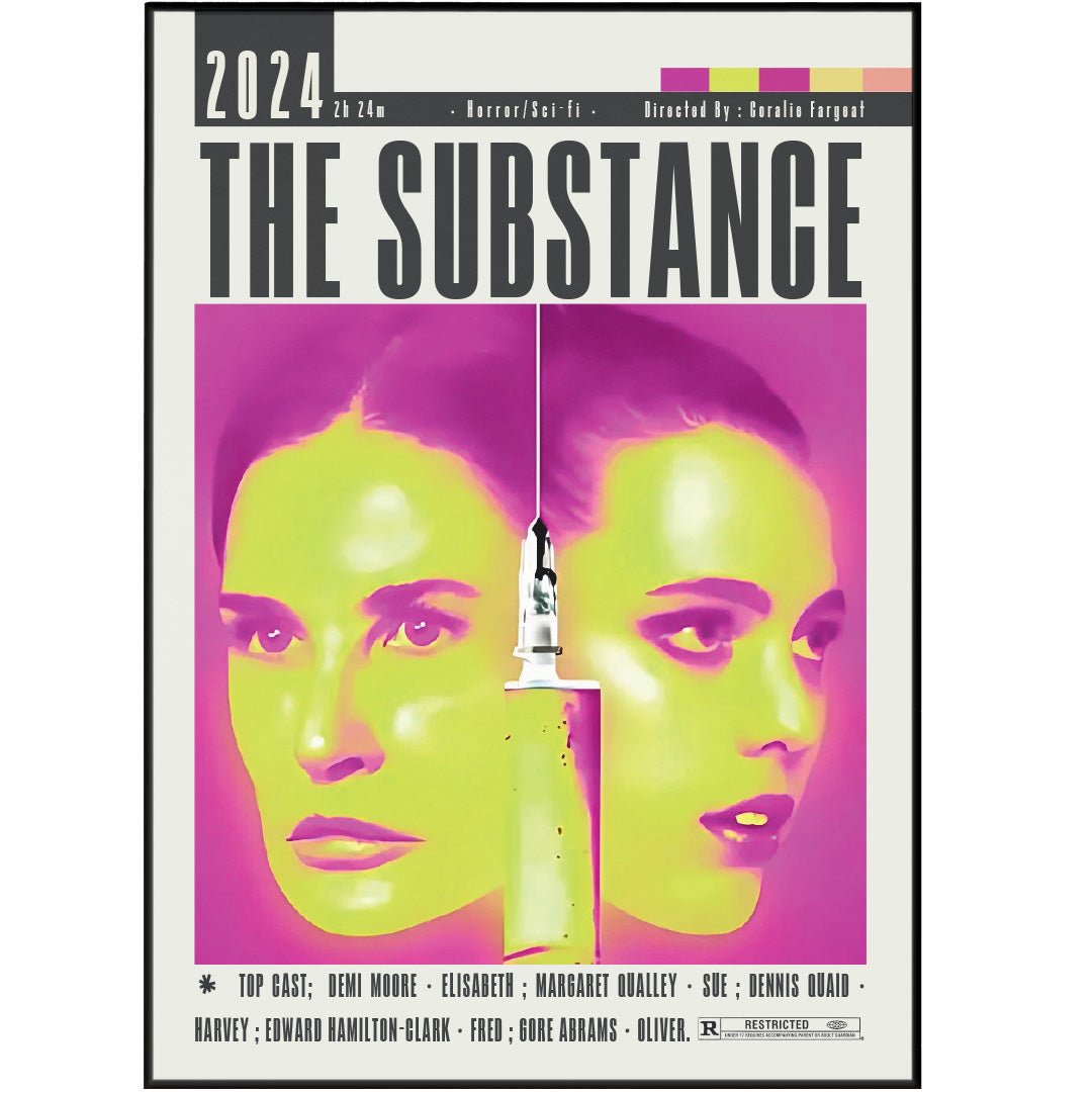 The Substance 2024 horror film poster — Coralie Fargeat Demi Moore Margaret Qualley body horror wall art print UK
