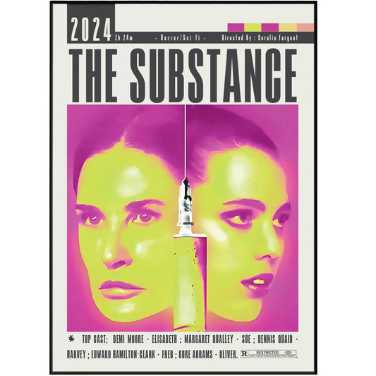 The Substance 2024 horror film poster — Coralie Fargeat Demi Moore Margaret Qualley body horror wall art print UK
