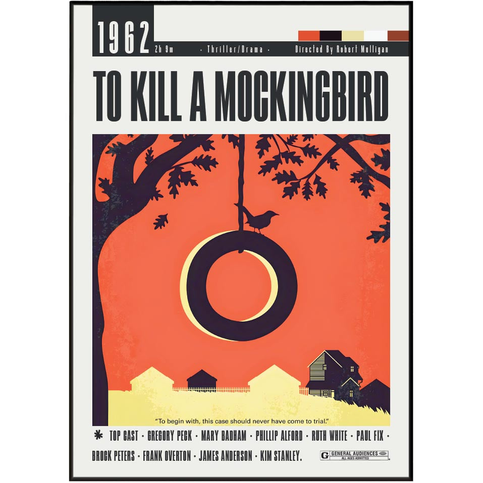 Movie poster for 'To Kill a Mockingbird' (1962) featuring a stylized illustration of a tree silhouette, a hanging swing, and small houses against a terracotta orange background, with bold black title text and cast names.