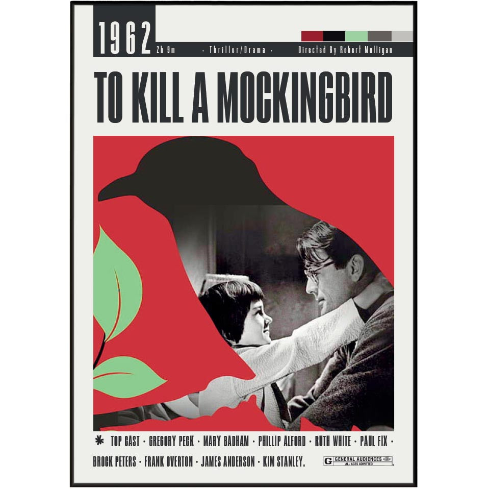 Movie poster for the 1962 film 'To Kill a Mockingbird' featuring a large black bird silhouette over a red background, with a black-and-white scene of two people and green leaf accents.