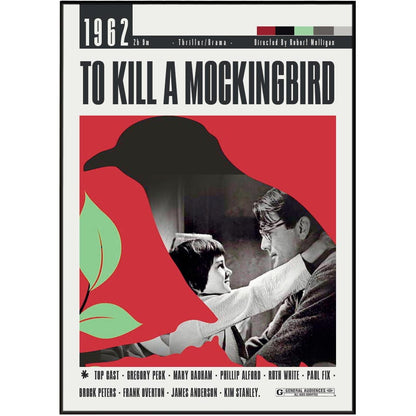 Movie poster for the 1962 film 'To Kill a Mockingbird' featuring a large black bird silhouette over a red background, with a black-and-white scene of two people and green leaf accents.