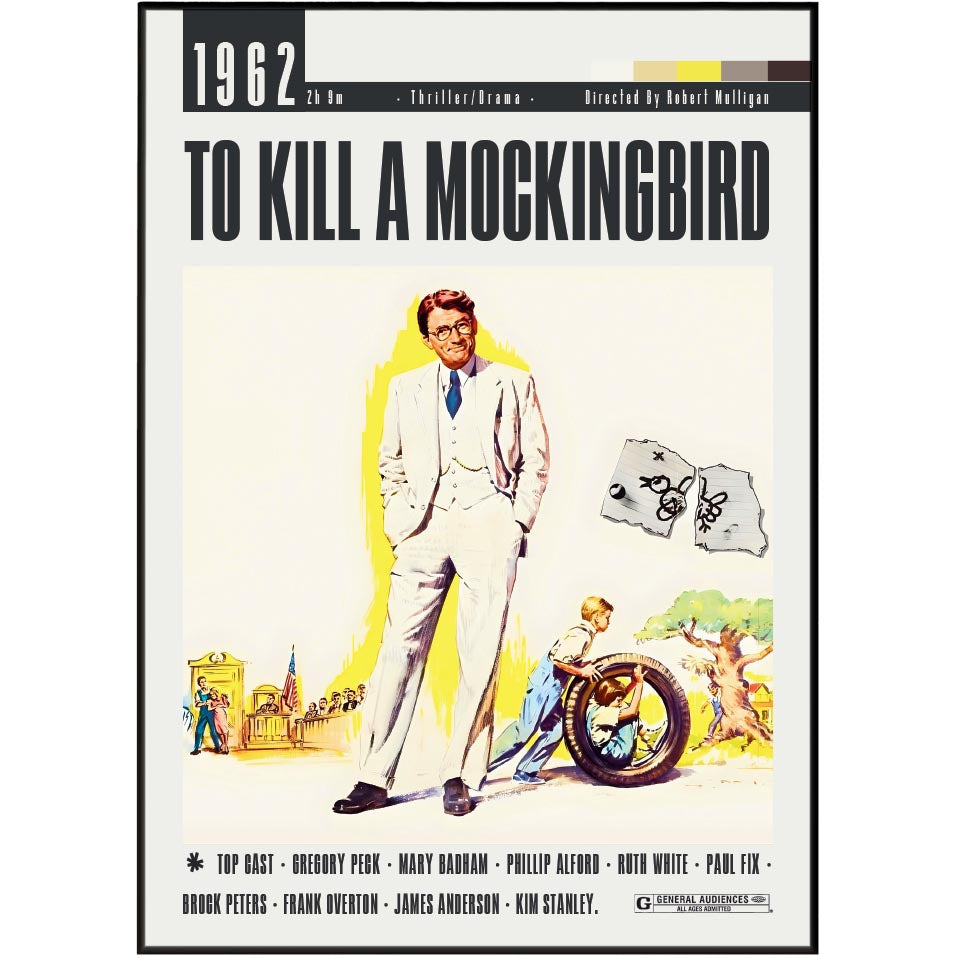 Vintage movie poster for the 1962 film 'To Kill a Mockingbird', featuring a central illustration of a man in a white suit standing beside a motorcycle, with the title in large black text at the top.