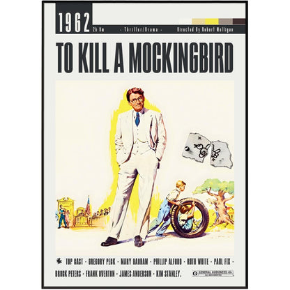 Vintage movie poster for the 1962 film 'To Kill a Mockingbird', featuring a central illustration of a man in a white suit standing beside a motorcycle, with the title in large black text at the top.