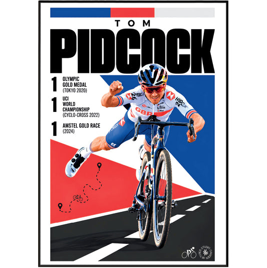 A framed cycling poster featuring Tom Pidcock in a red, white, and blue cycling kit riding a road bike. Large text reads 'TOM PIDCOCK' with achievement highlights on the left, and the background is a stylized red, white, and blue graphic with a black road and white line.