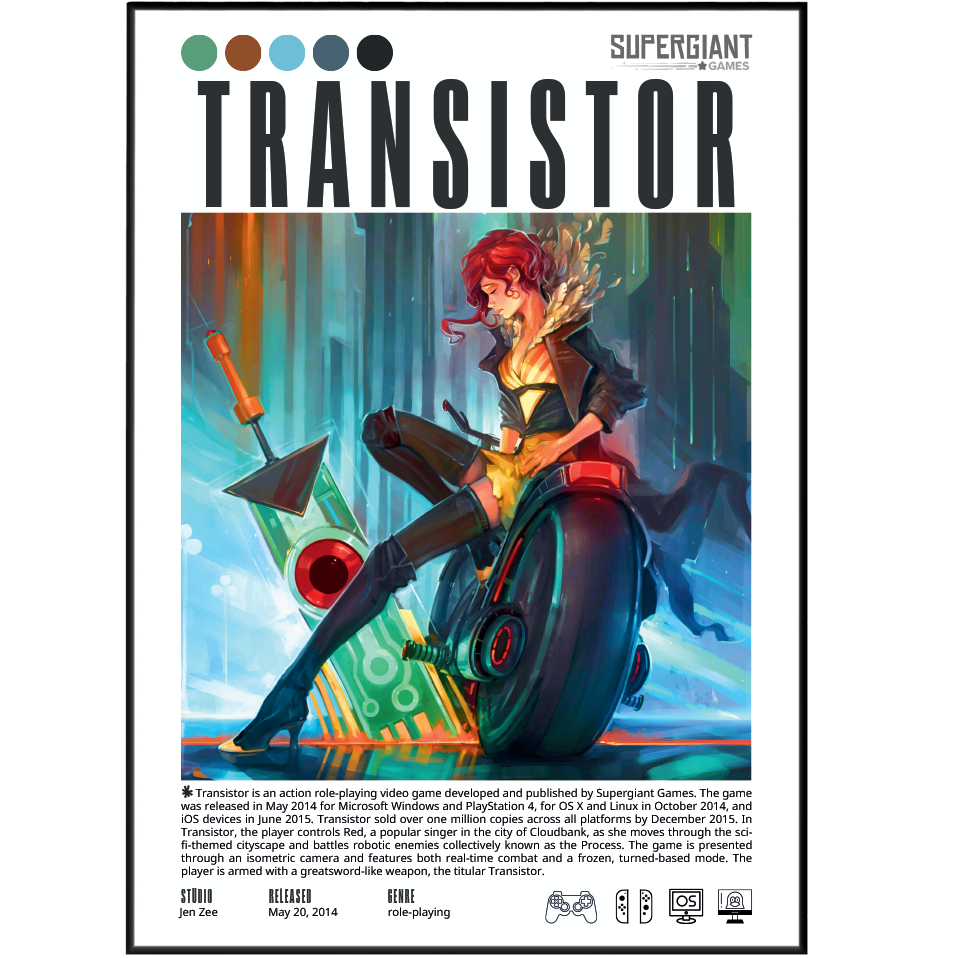 Transistor 2014 game poster — Supergiant Games Red sword cyberpunk action RPG wall art print UK