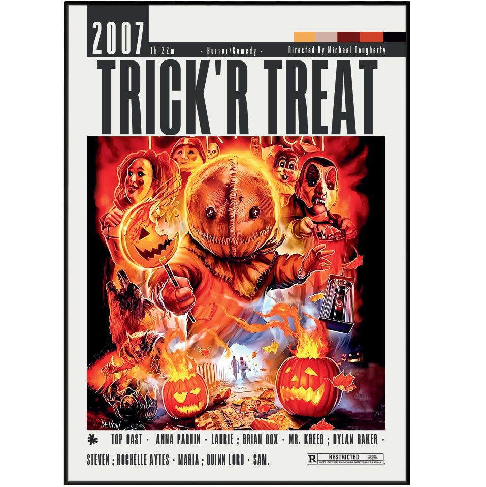 Trick r Treat 2007 Halloween horror film poster UK. Michael Dougherty Sam anthology Halloween traditions anthology cult wall art print. Halloween gift. Multiple sizes. Fast UK delivery. Buy 3 get 1 FREE.
